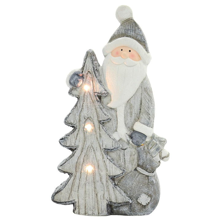 LED Santa &amp; Christmas Tree Grey White Ceramic Ornament 47cm