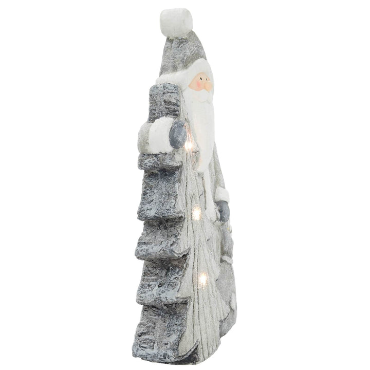 LED Santa &amp; Christmas Tree Grey White Ceramic Ornament 47cm