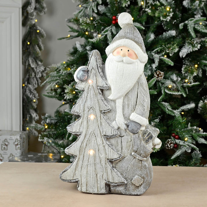 LED Santa &amp; Christmas Tree Grey White Ceramic Ornament 47cm
