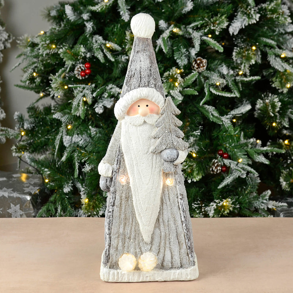 LED Santa Pine Cones Christmas Ornament Ceramic Grey White 48cm