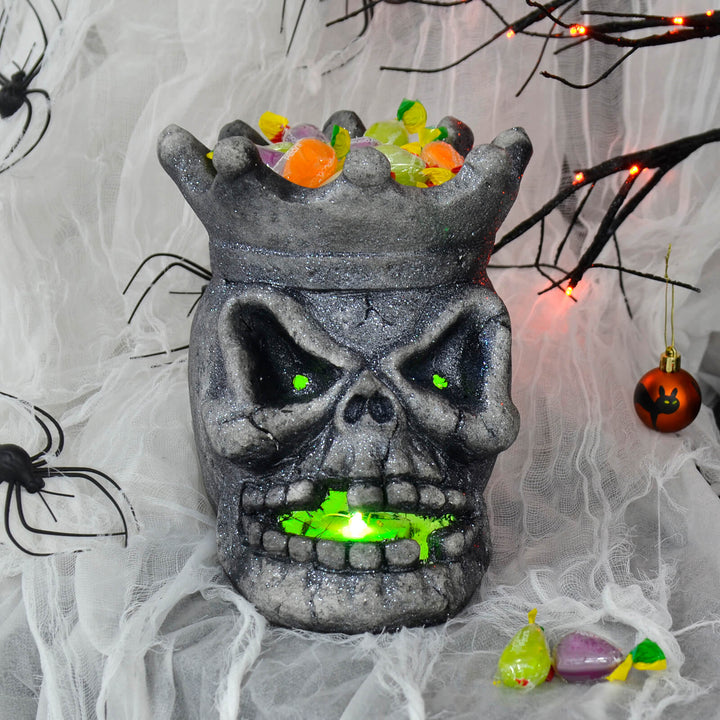 Light Up Skull Crown Candy Holder Halloween Decoration Grey 24cm