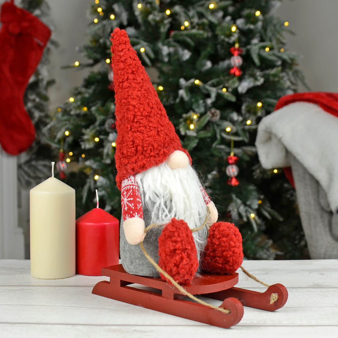 Christmas Gonk On Wooden Sledge Decoration Festive Gnome 36cm