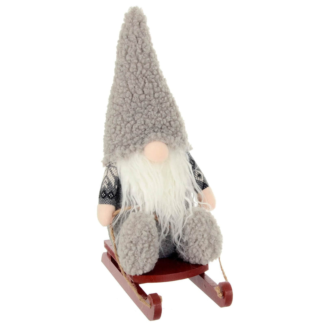 Christmas Gonk On Wooden Sledge Decoration Festive Gnome 36cm Grey