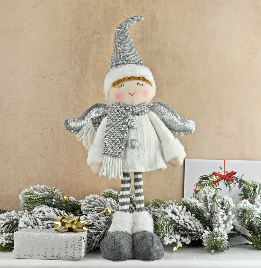 Christmas Fairy Standing Figure Grey White Silver Wings 41cm