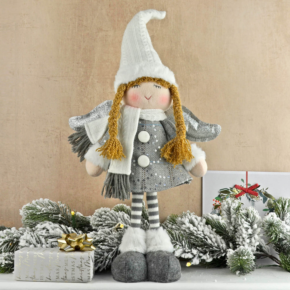 Christmas Fairy Standing Figure Grey White Silver Wings 41cm