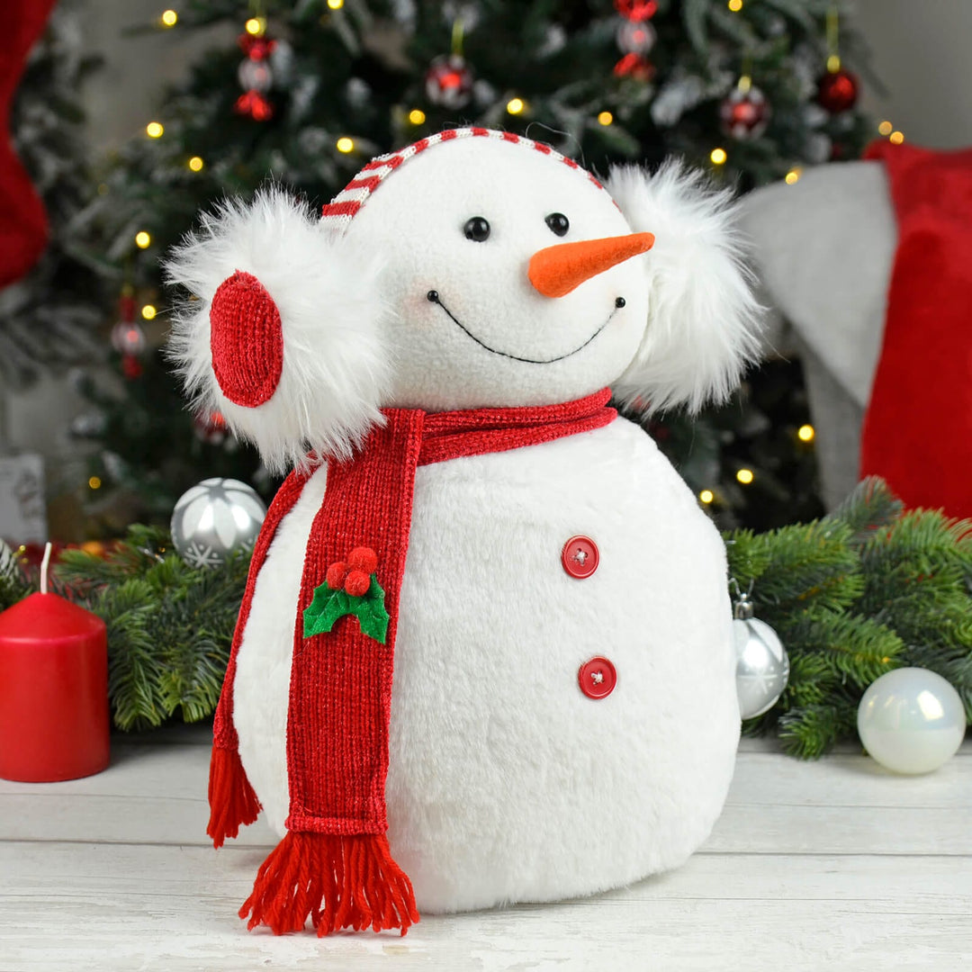 Snowman With Headphones Christmas Decoration White Red 35cm