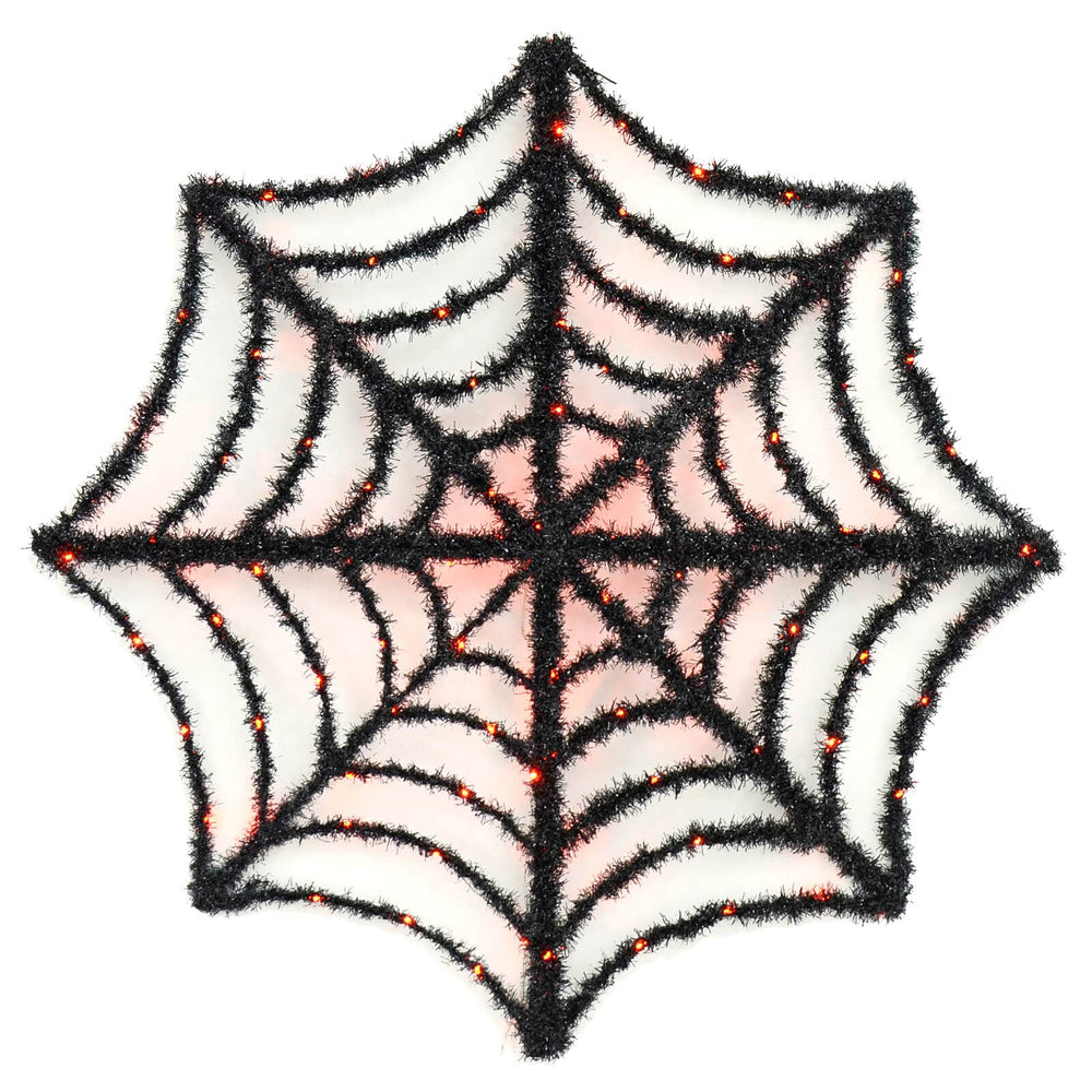 Light Up Spiders Web Black Tinsel Orange LED Decoration 80cm