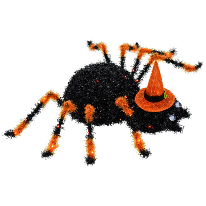 Light Up Spider With Hat Decoration Black Tinsel Orange LED 50cm