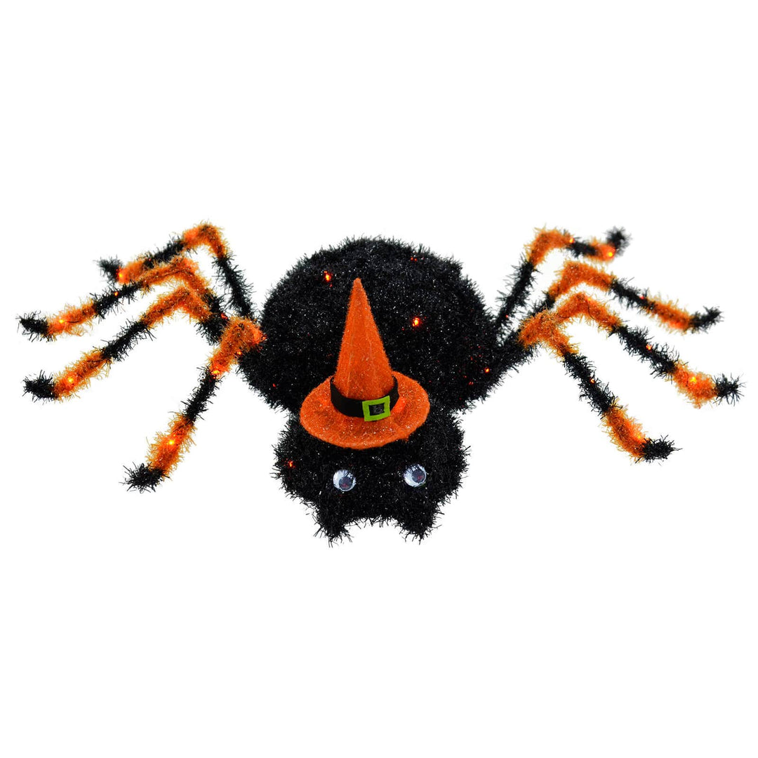 Light Up Spider With Hat Decoration Black Tinsel Orange LED 50cm