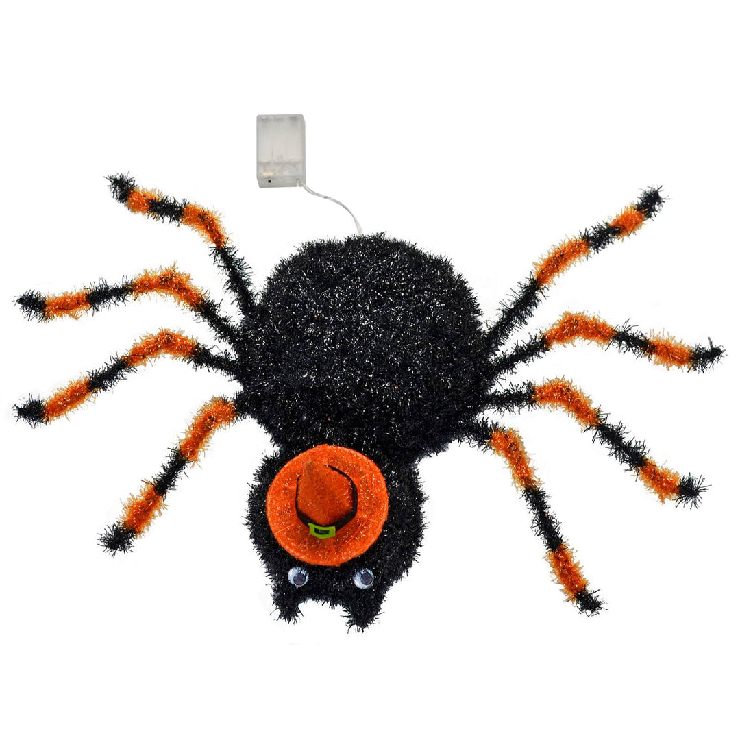 Light Up Spider With Hat Decoration Black Tinsel Orange LED 50cm