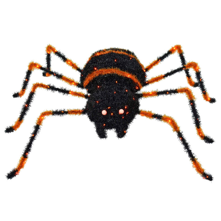 Large Light Up Spider Decoration Black Tinsel Orange LED 90cm