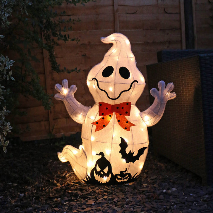 Light Up Ghost With Bat Halloween Decoration White LED 74cm