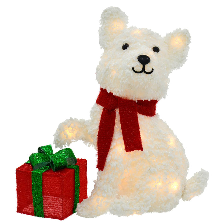 White LED Dog With Gift Christmas Decoration Tinsel Snow 56cm