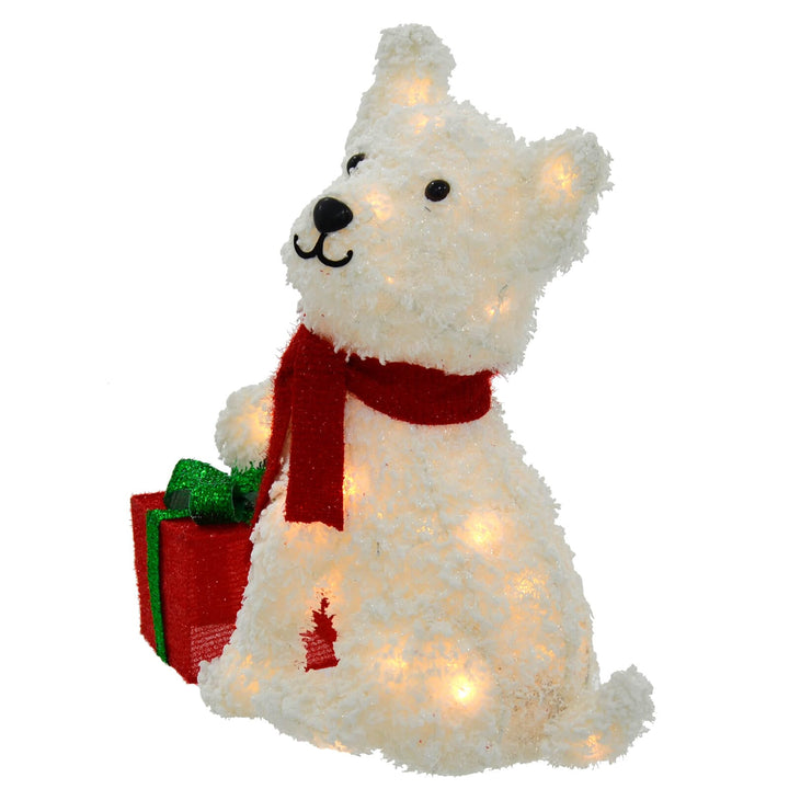 White LED Dog With Gift Christmas Decoration Tinsel Snow 56cm