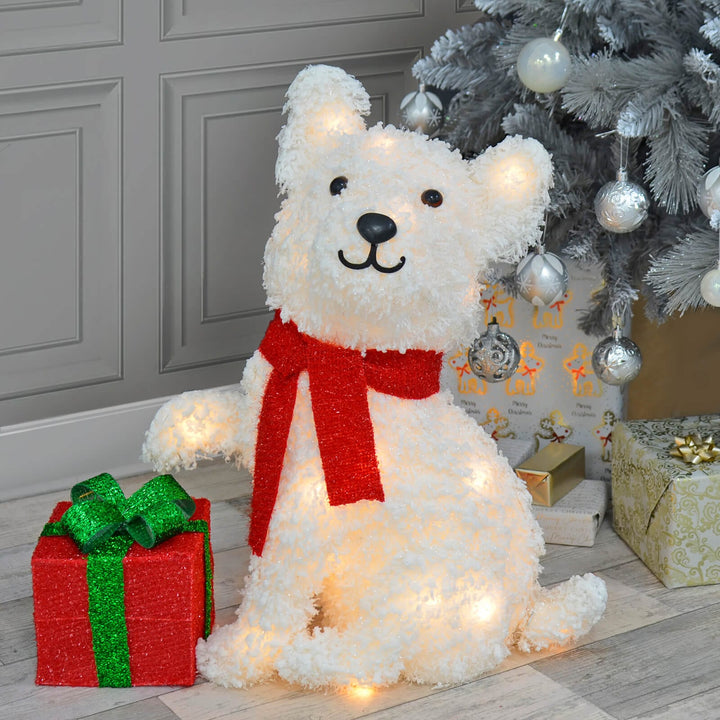 White LED Dog With Gift Christmas Decoration Tinsel Snow 56cm