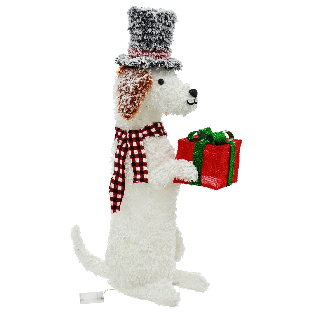 Large White LED Dog With Hat & Gift Christmas Decoration 94cm