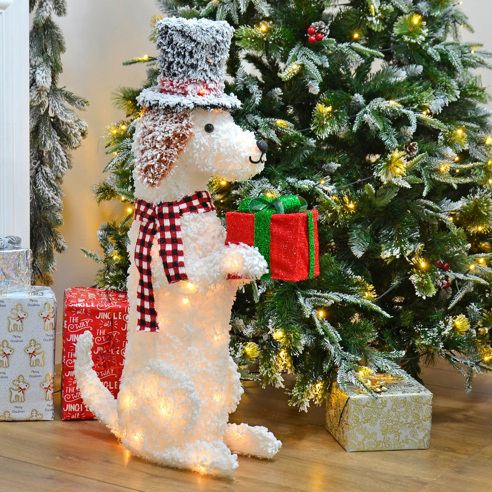 Large White LED Dog With Hat & Gift Christmas Decoration 94cm