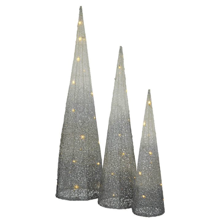 Set of 3 LED Cone Christmas Trees White To Silver Glitter Mesh