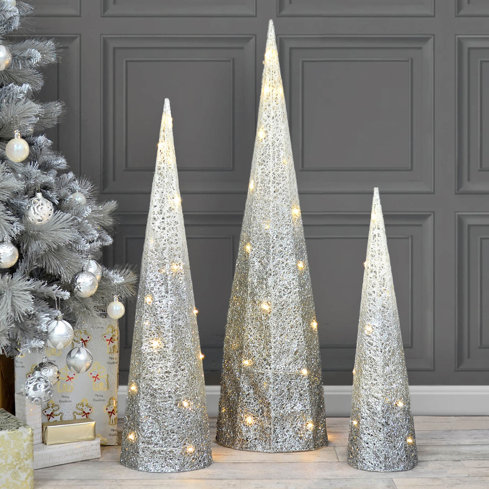 Set of 3 LED Cone Christmas Trees White To Silver Glitter Mesh