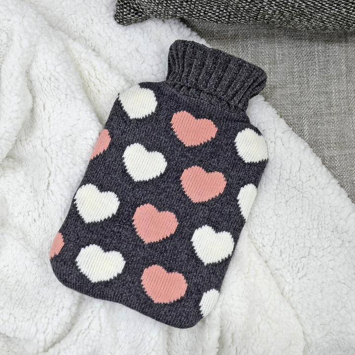 Hot Water Bottle 2 Litre Soft Knitted Cover Grey Pink