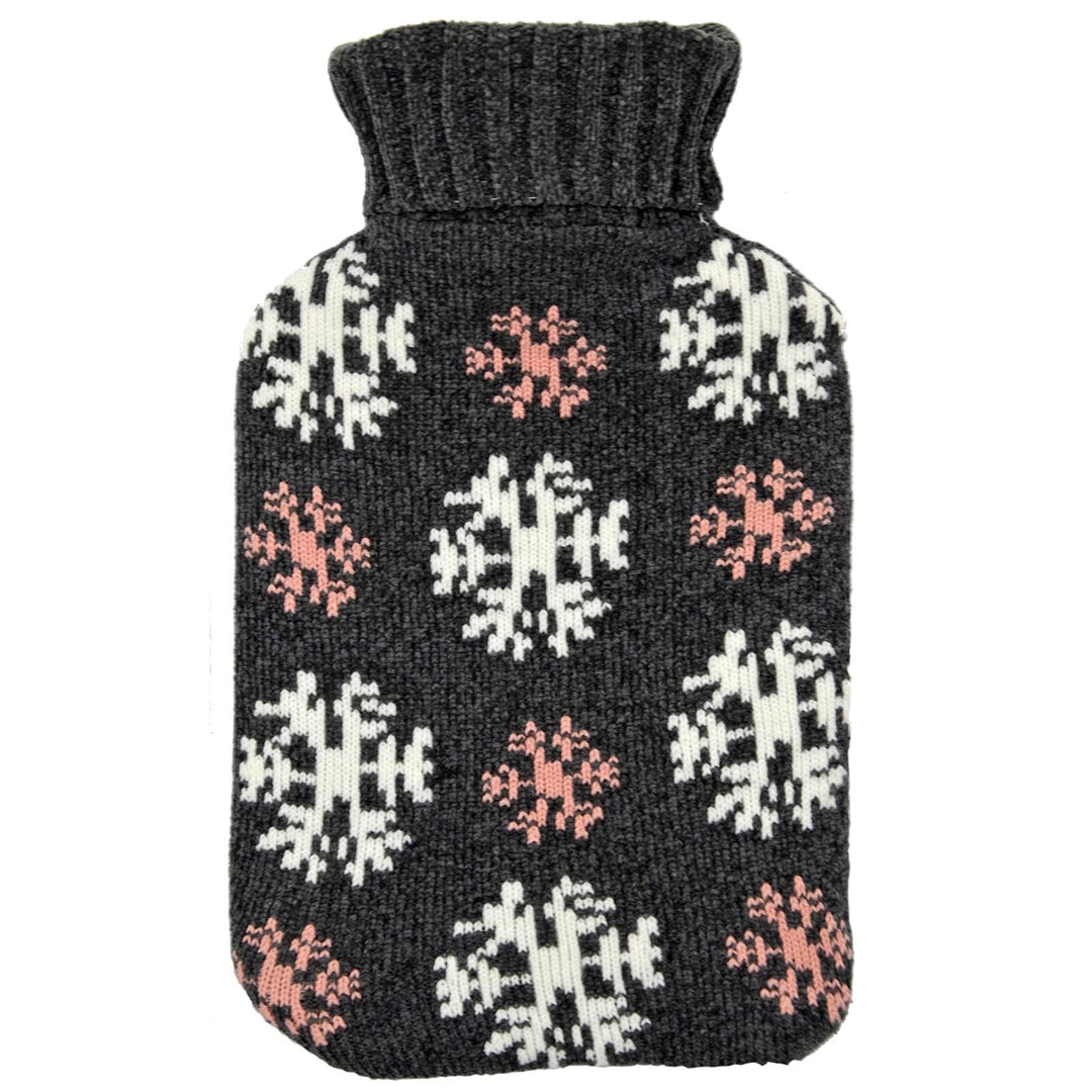 Hot Water Bottle 2 Litre Soft Knitted Cover Grey Pink Snowflakes