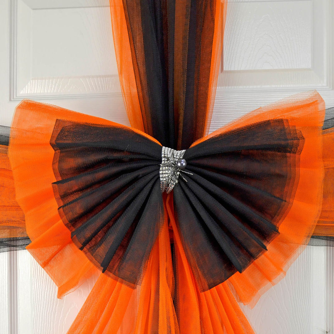 Halloween Door Bow Orange Black Net Diamante Spider Pin