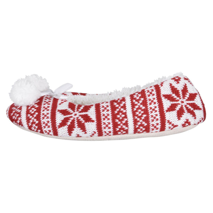 Womens Fair Isle Knit Ballet Slippers Pom Poms Fleece