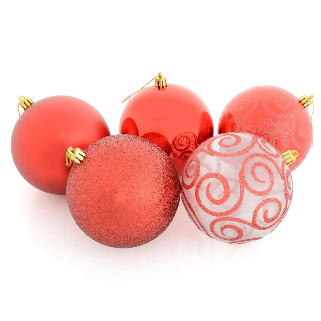 5 x 10cm Christmas Tree Baubles Swirl Matte Glitter Mirrored Red