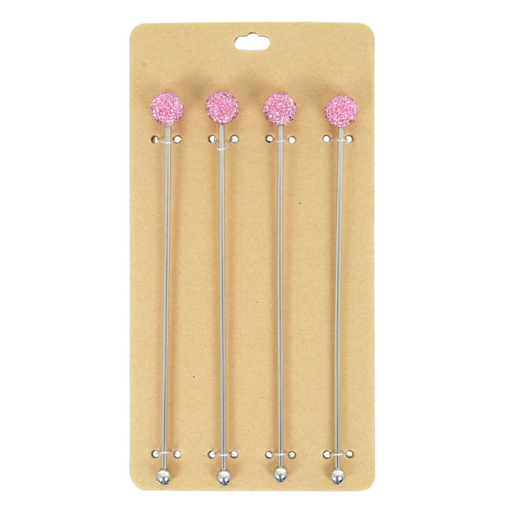 Set of 4 Swizzle Sticks Cocktail Stirrers Stainless Steel Pink Diamante