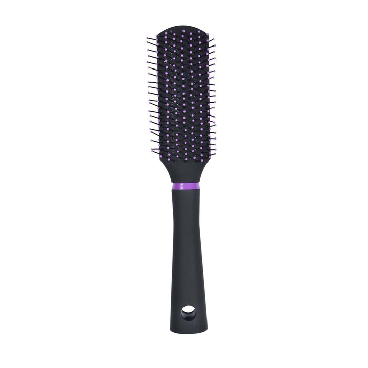 Black hair brush with purple detailing on a white background
