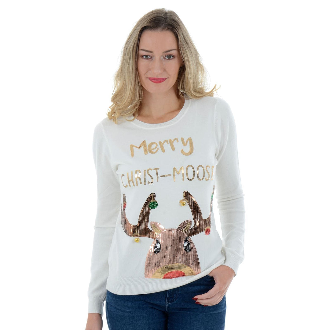 Womens Novelty Sequin Merry Christ-Moose Christmas Jumper White / 8