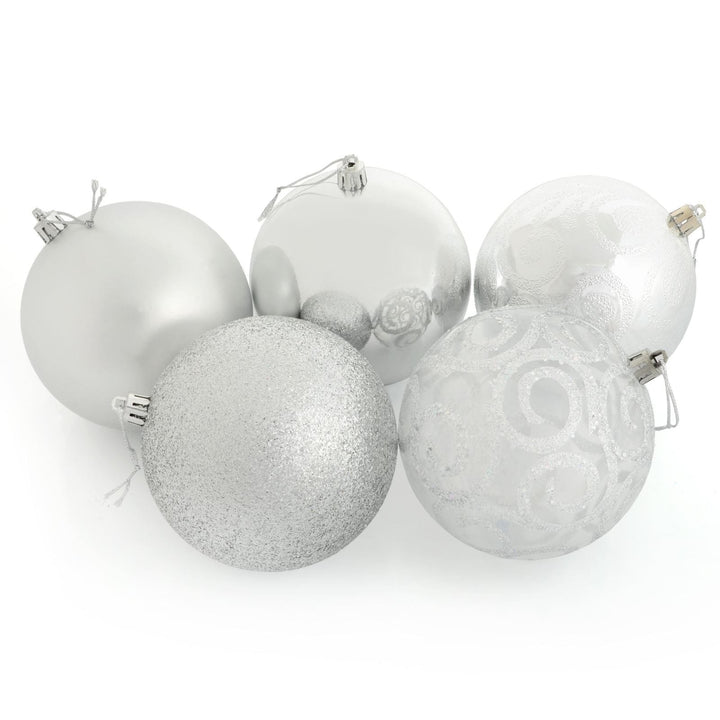 5 x 10cm Christmas Tree Baubles Swirl Matte Glitter Mirrored Silver