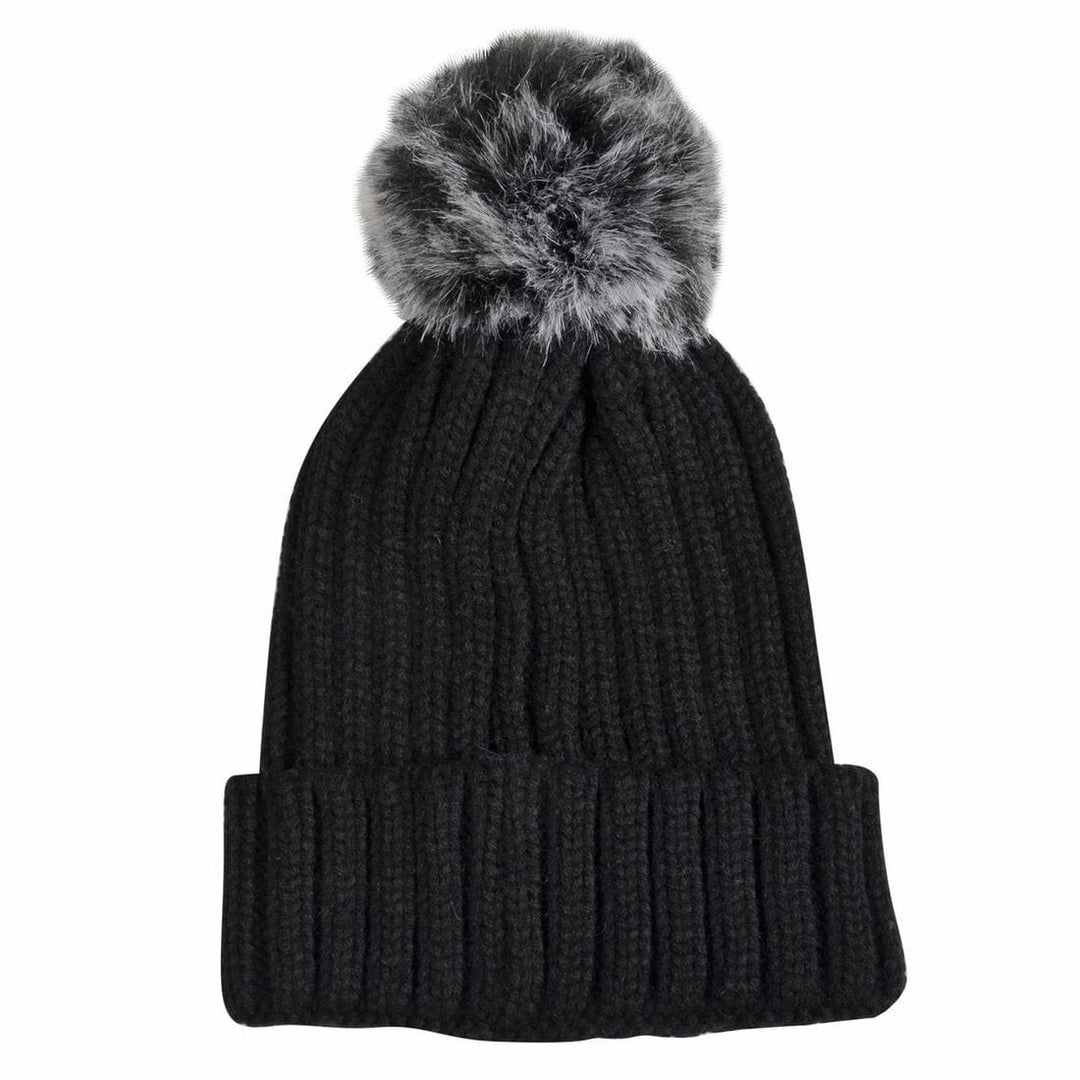 Womens Pom Pom Bobble Beanie Hat Knitted Faux Fur 5 Colours Black