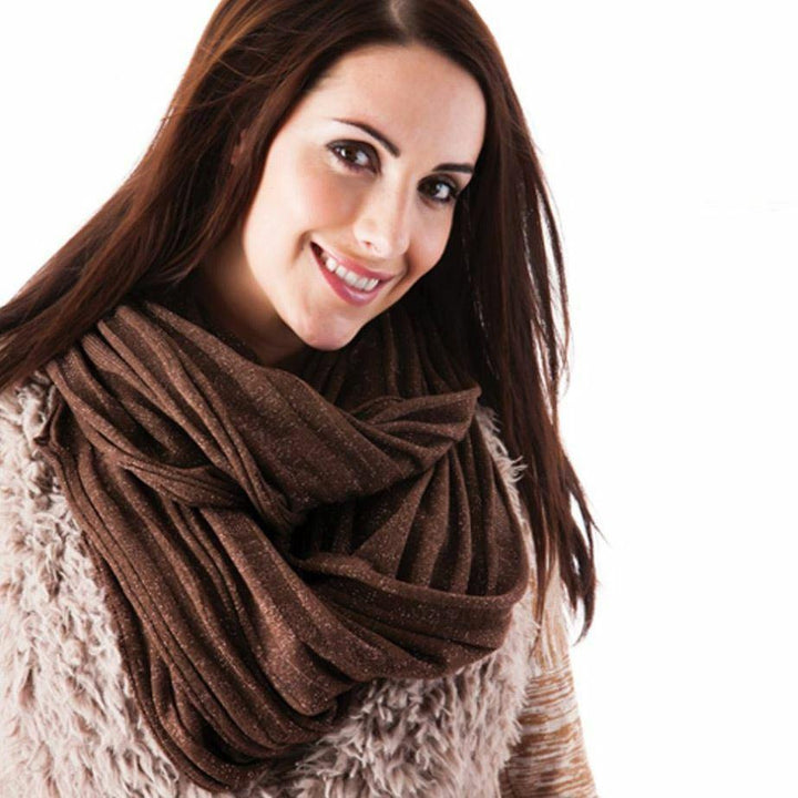 Womens Glittery Metallic Thread Rib Knitted Snood Chocolate Brown