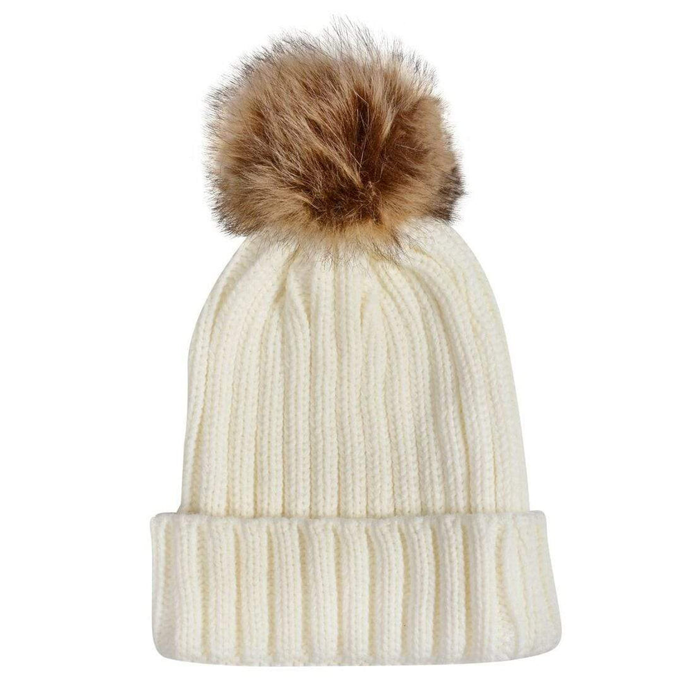 Womens Pom Pom Bobble Beanie Hat Knitted Faux Fur 5 Colours Cream