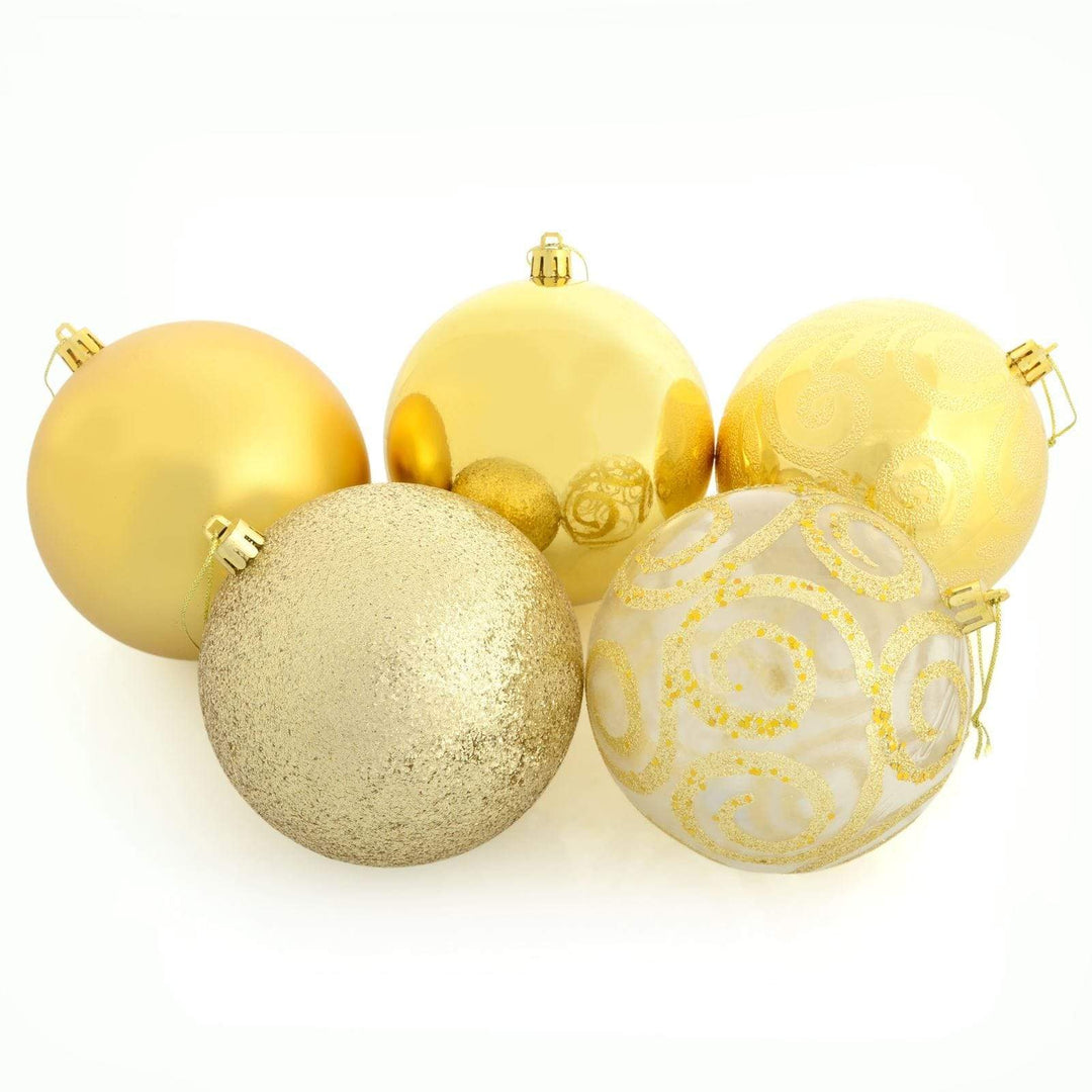 5 x 10cm Christmas Tree Baubles Swirl Matte Glitter Mirrored Gold