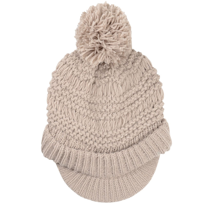 Womens Chunky Knit Willow Hat With Peak &amp; Pom Pom Bobble Stone