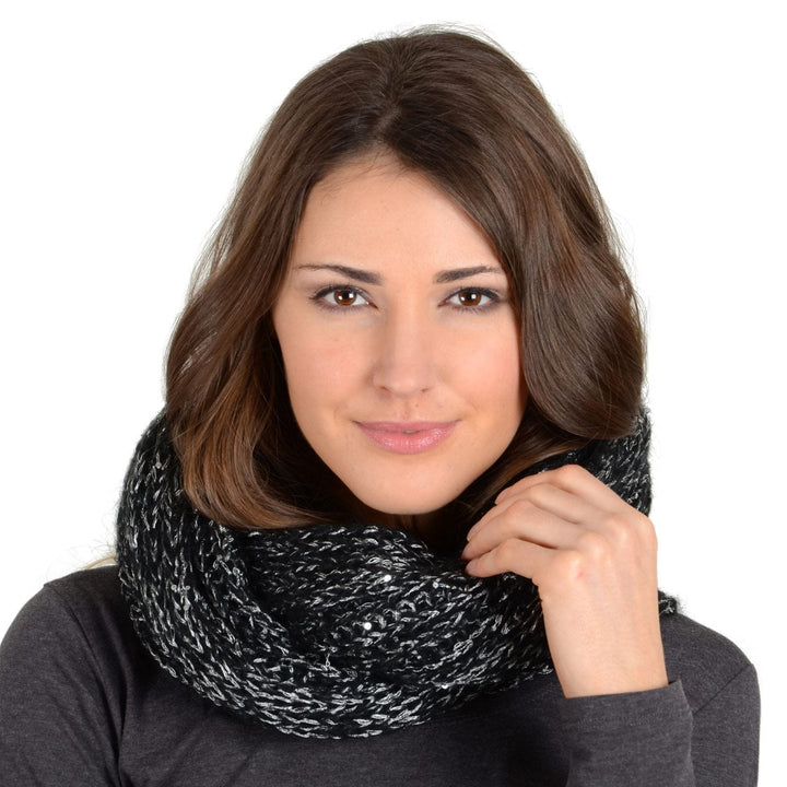 Womens Winter Snood Soft Knit Sparkly Sequins Wrap Scarf Black &amp; Silver