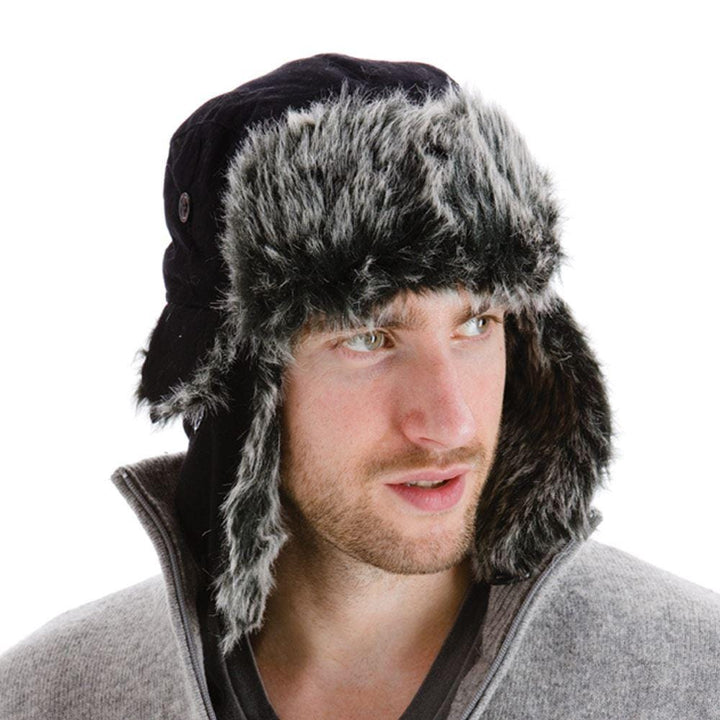 Mens Trapper Hat Faux Fur Trim Ear Flaps Black Black