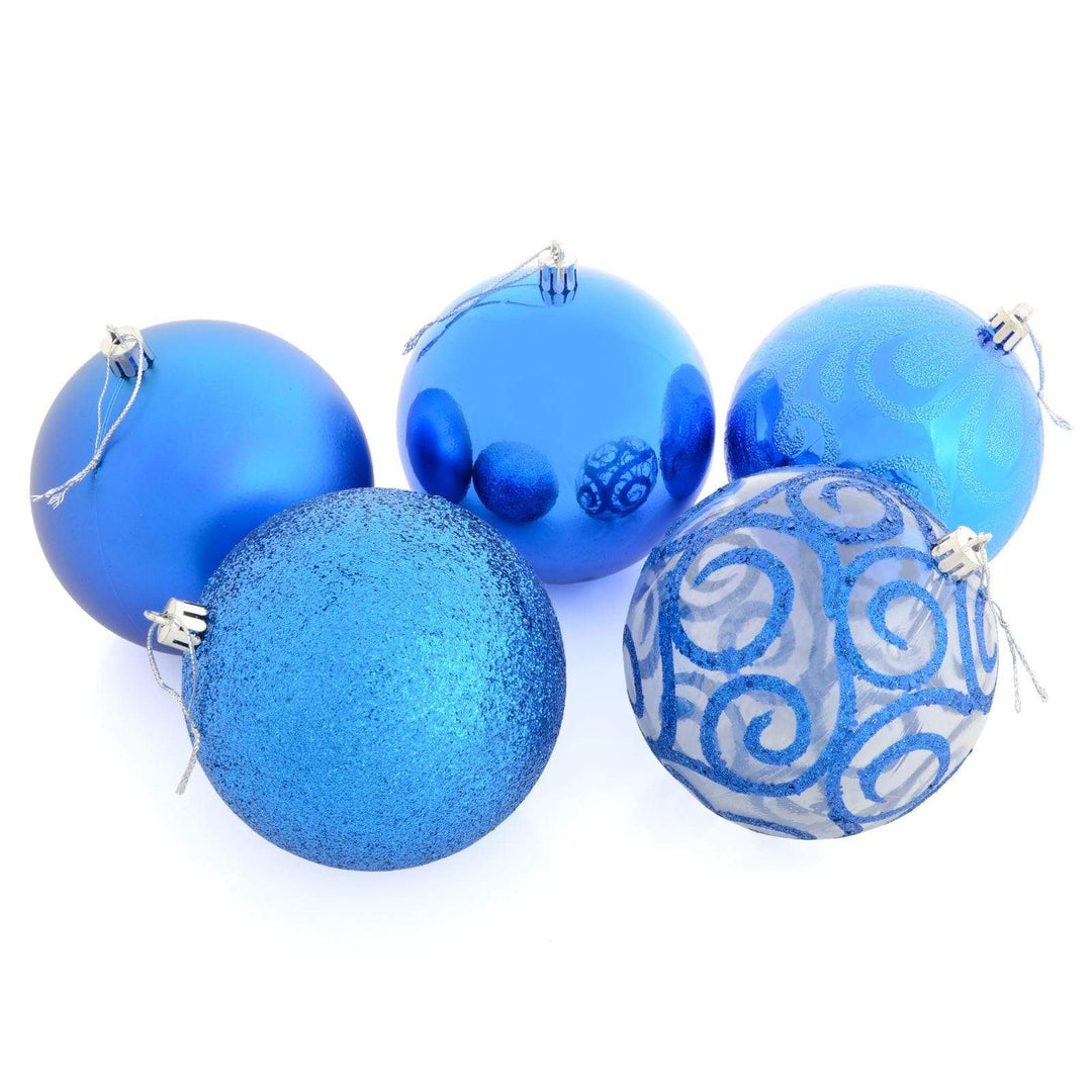 5 x 10cm Christmas Tree Baubles Swirl Matte Glitter Mirrored Blue