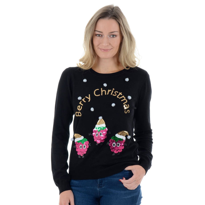 Womens Novelty Sequin Raspberry Christmas Jumper Black / 8