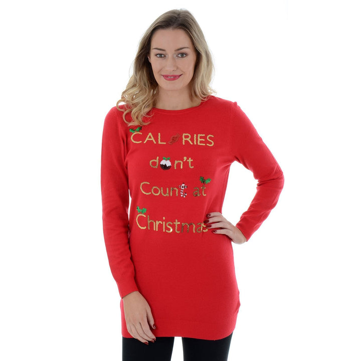 Womens Novelty Calories Don't Count At Christmas Tunic Jumper Red / 8