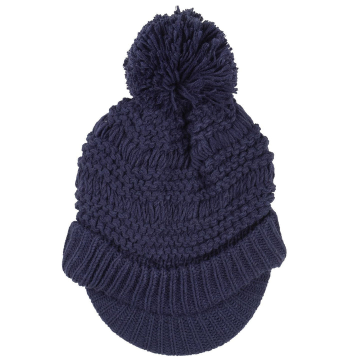 Womens Chunky Knit Willow Hat With Peak &amp; Pom Pom Bobble Navy