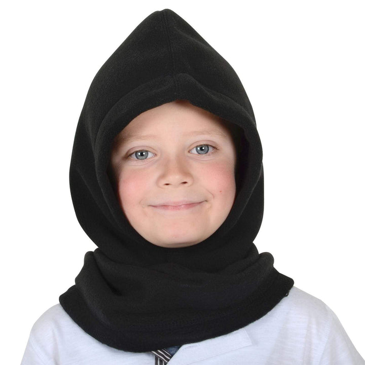 Child wearing a black polar fleece hood on a white background