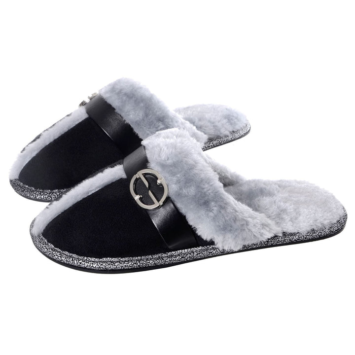 Womens Elle Slip On Mule Slippers With Faux Fur Lining Black / 3-4