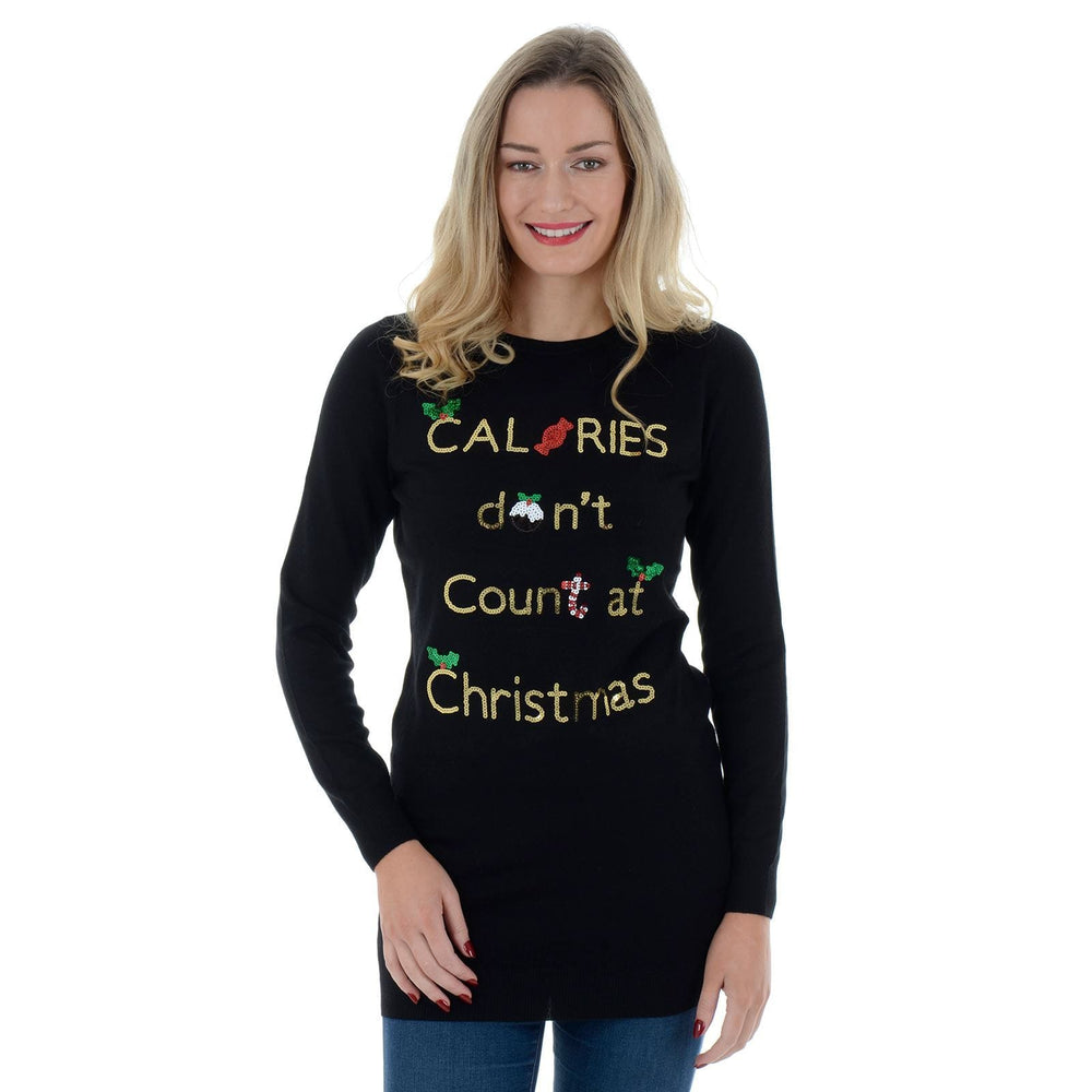 Womens Novelty Calories Don't Count At Christmas Tunic Jumper Black / 8