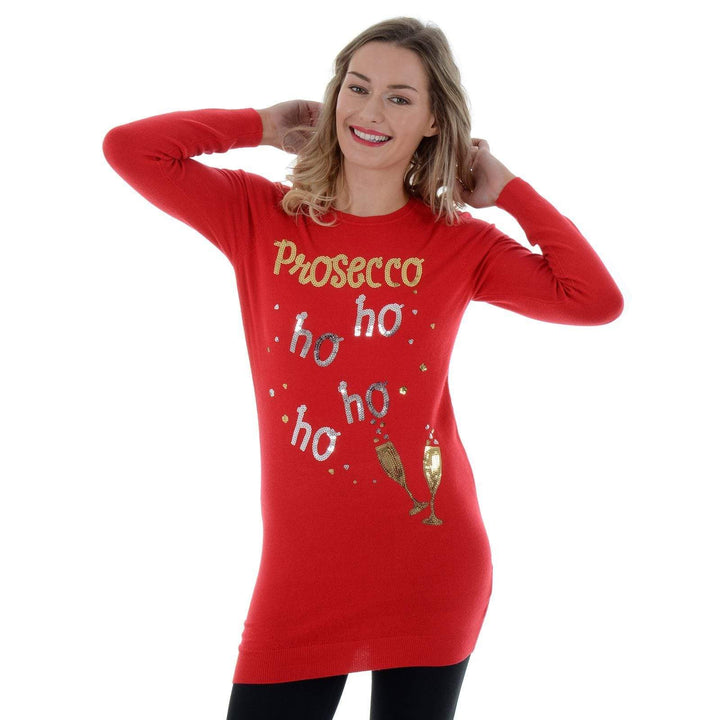 Womens Novelty Sequin Prosecco HO HO HO Tunic Christmas Jumper Red / 8