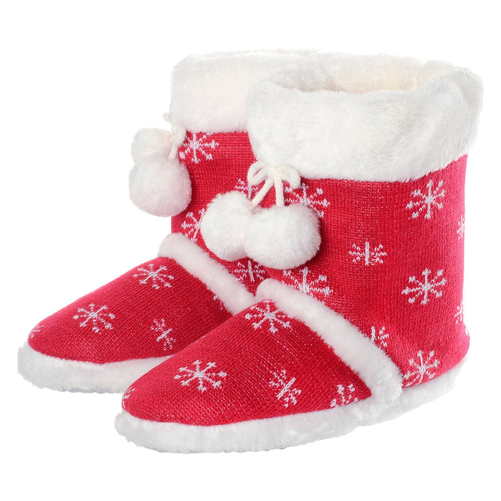 Womens Slipper Boots Soft Fleece Snowflakes Pom Poms Red / 3