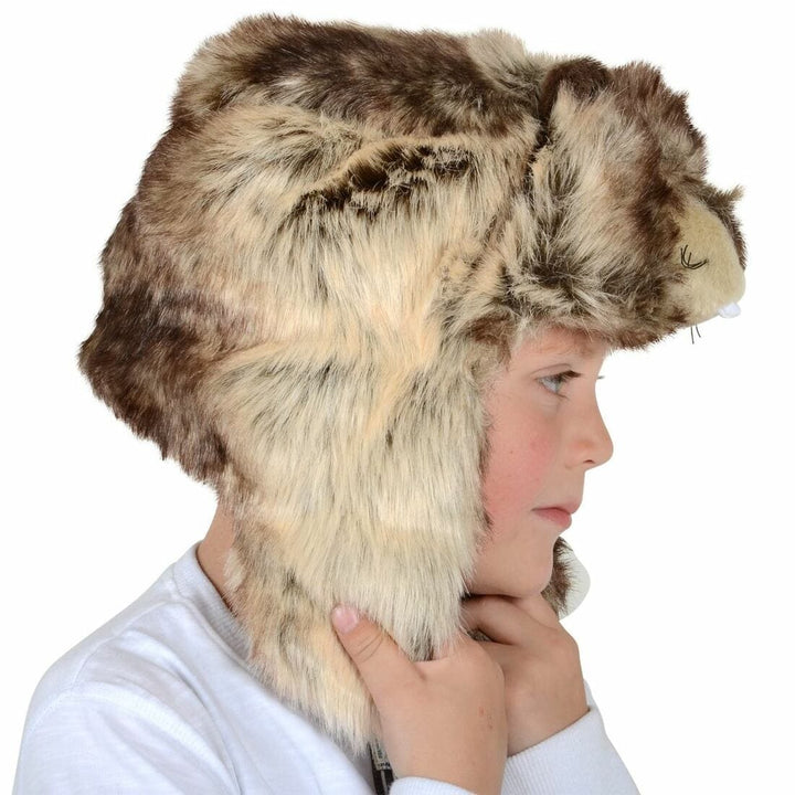 Kids Deluxe Faux Fur Beaver Animal Hat With Ear Flaps