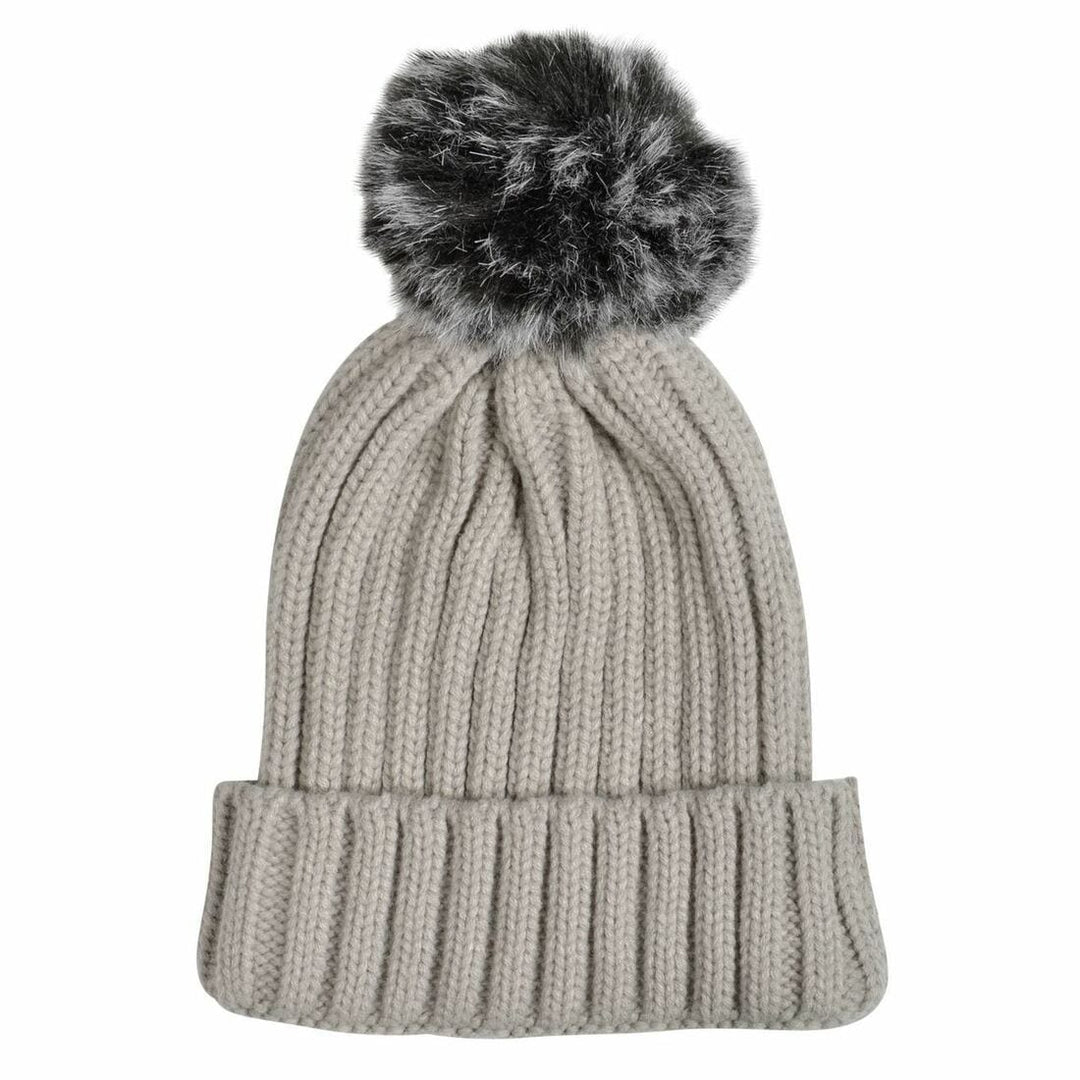 Womens Pom Pom Bobble Beanie Hat Knitted Faux Fur 5 Colours Grey